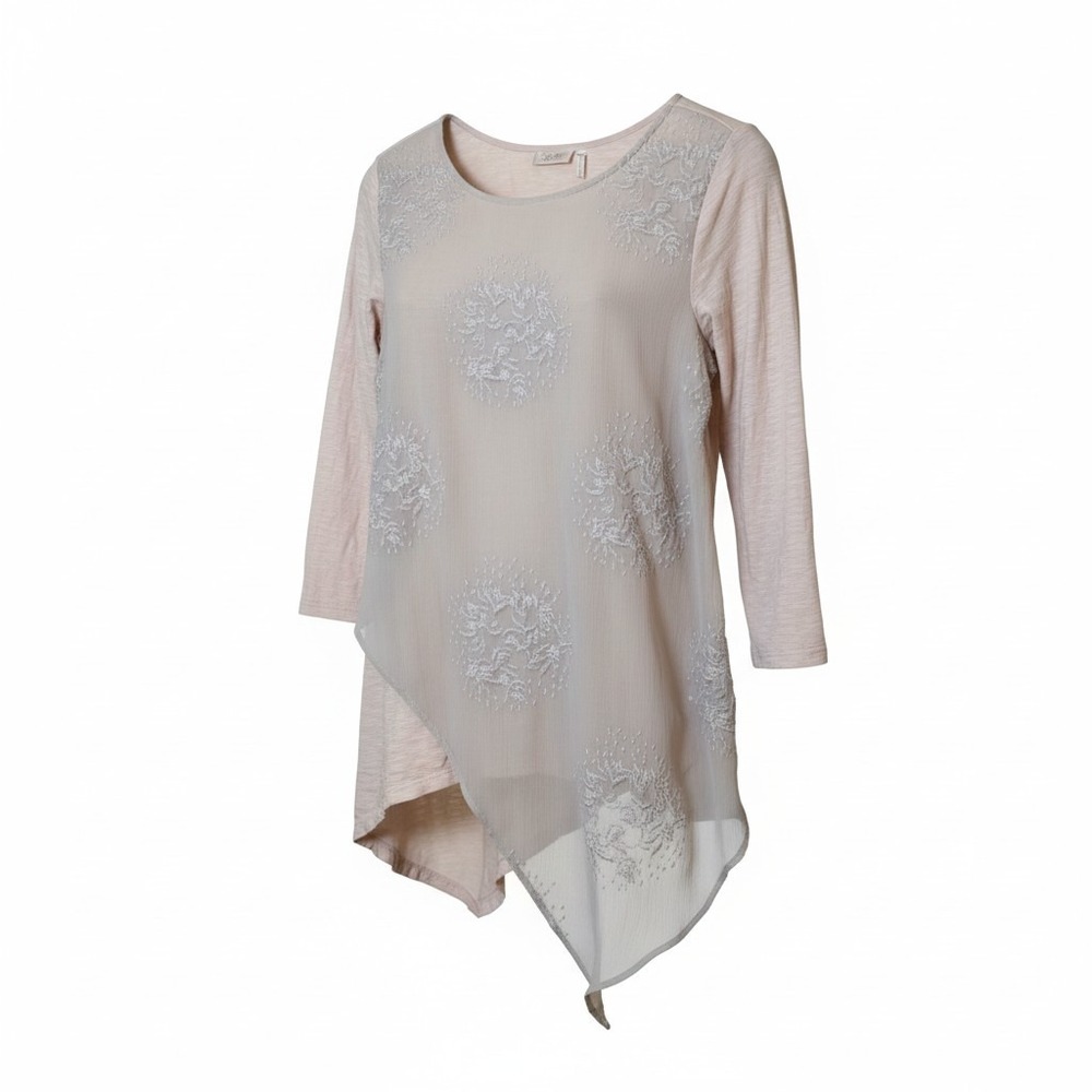 LOGO Lavish Women‎ Tunic M Beige Embroidered Asymmetrical Layered Lagenlook